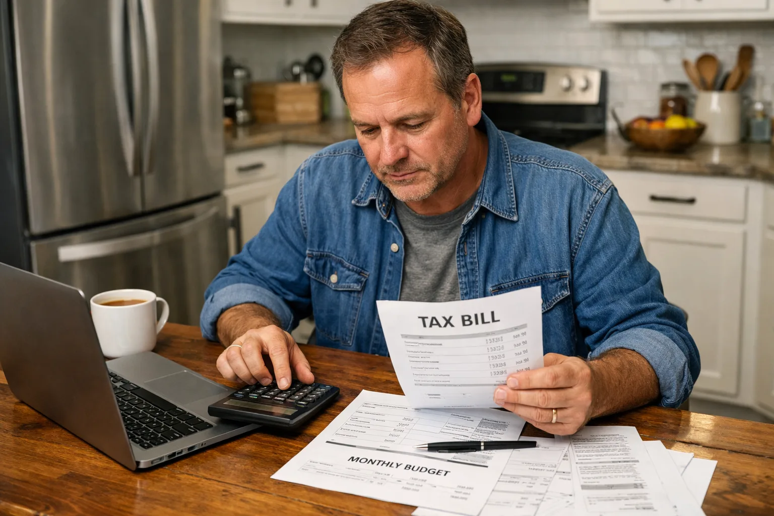A homeowner reviews a property tax bill and household budget at home.