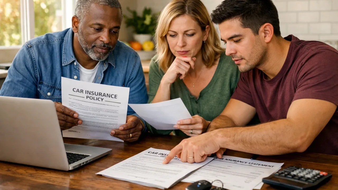 American drivers comparing car insurance documents at home.