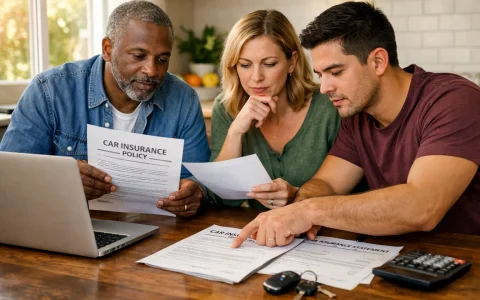 American drivers comparing car insurance documents at home.
