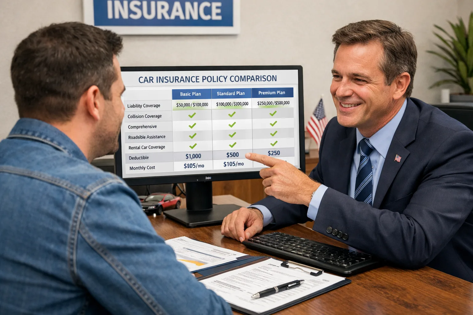 Customer and insurance agent comparing car insurance policies on screen.