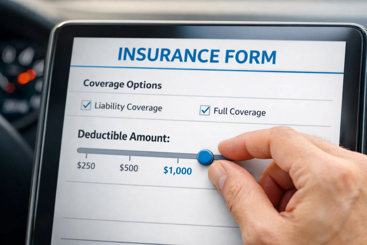 Hand adjusting car insurance deductible amount on a digital form.