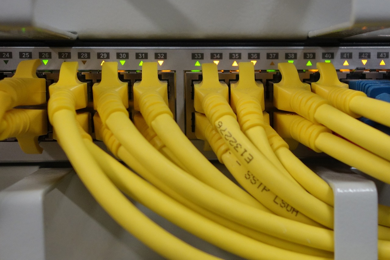 Ethernet cables connected to a high-performance network router