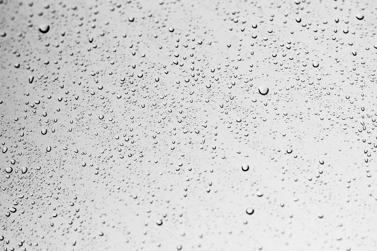 Condensation pooling on the bottom pane of a cold single-pane window.