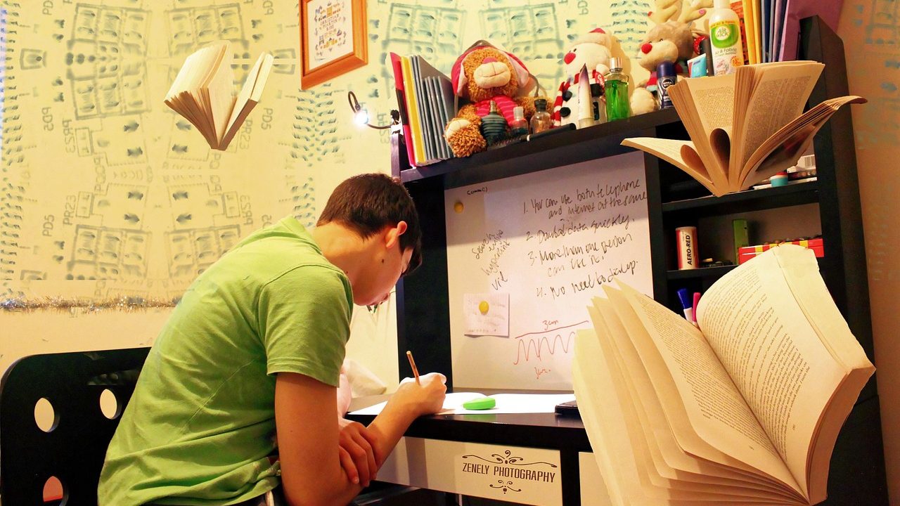 College student reviewing a textbook and laptop at a desk