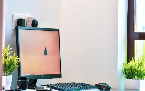 Clean home office desk setup positioned near a bright window with proper lighting management