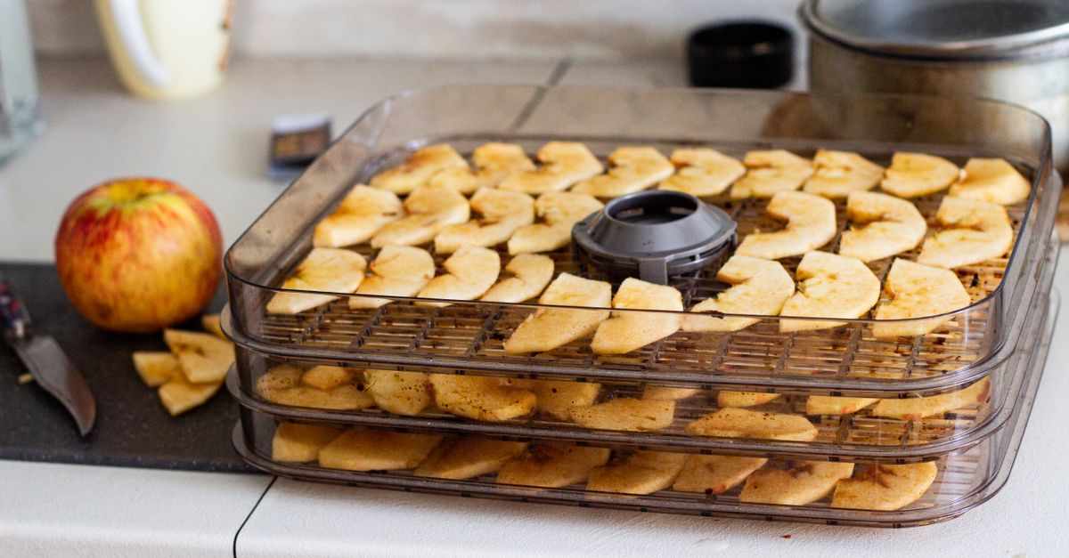 Round stackable food dehydrator loaded with apple slices on a kitchen counter.