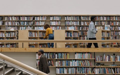 A parent and child looking at books together in a public library.