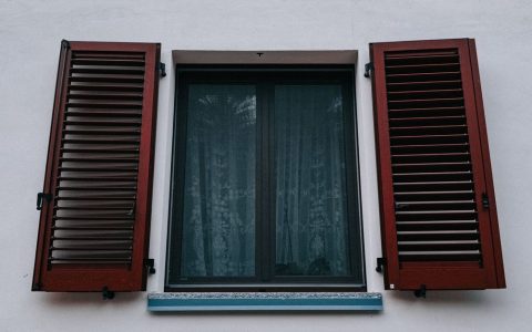 Close-up of solid wood plantation shutters installed inside a bright living room window.