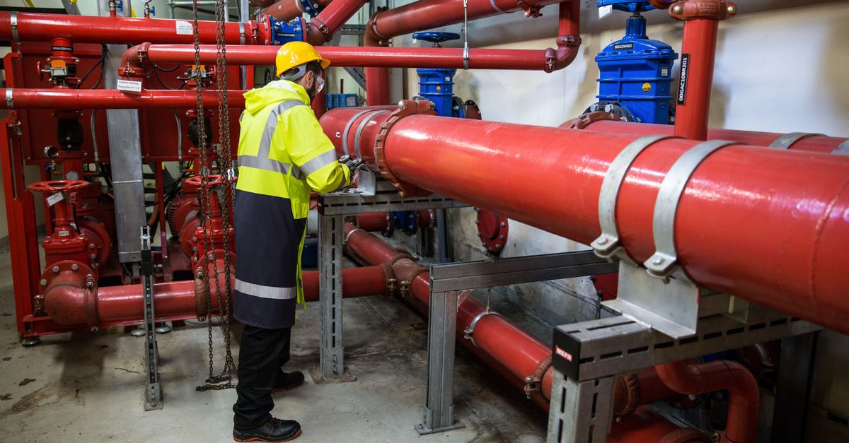 Service technician examining residential septic tank access pipes