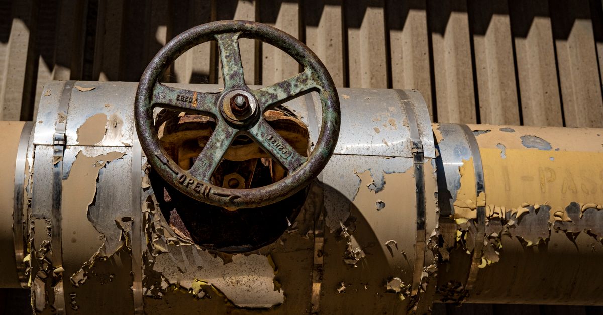 Close-up of a manual gas shut-off valve on a standby generator fuel supply line.