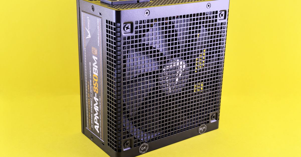 Modern computer desktop workstation plugged into a battery backup unit.