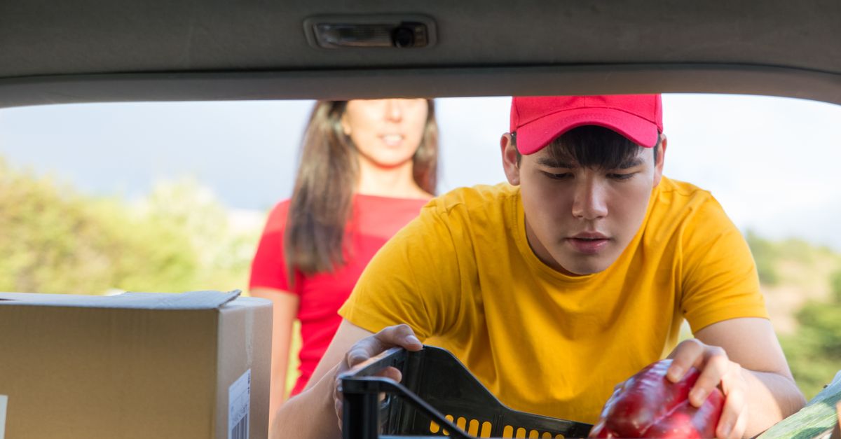 Family loading cargo into the rear hatch of a crossover